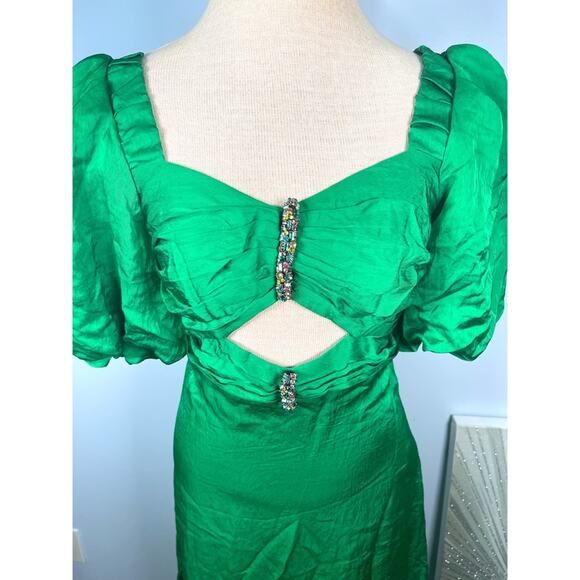 SANDRO Green Embellished Puff Sleeve Midi Dress with Rhinestones Size 4 - Picture 5 of 10
